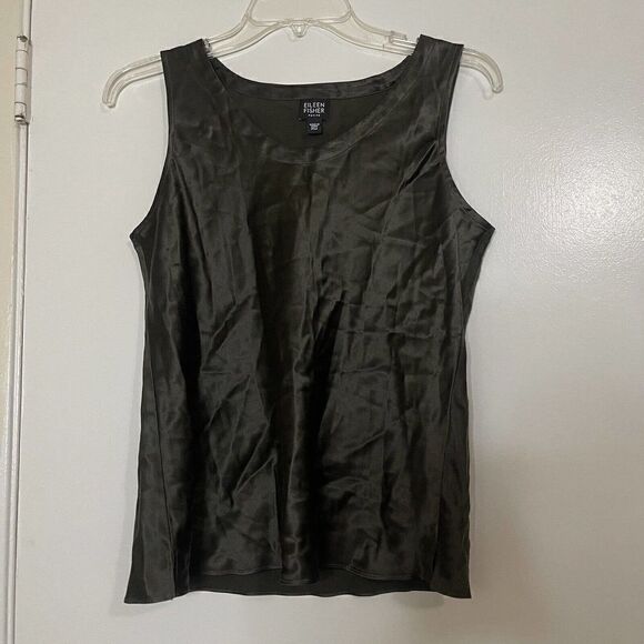 Eileen Fisher Dark Green Round neck sleeveless Silk shell tank top size Petite M - Picture 1 of 4